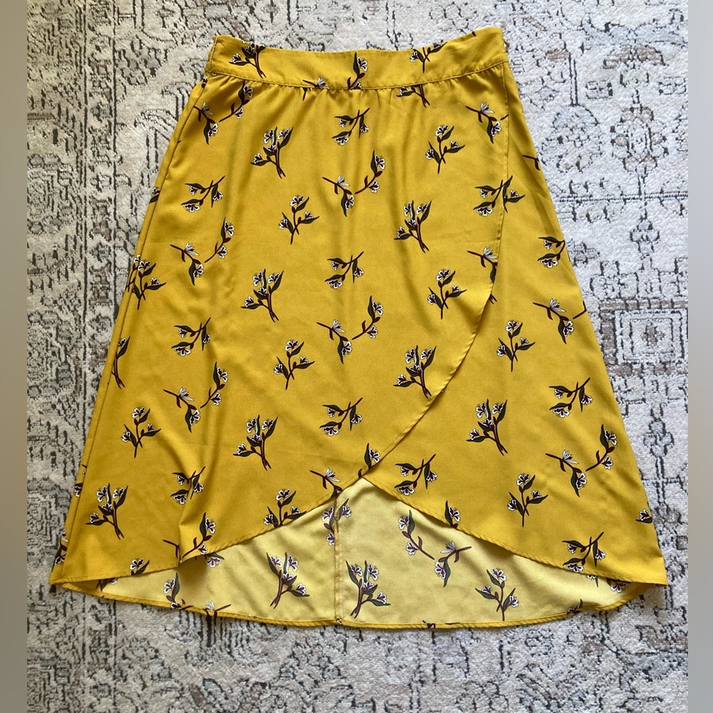 LOFT Yellow Retro Floral Faux Wrap Midi Skirt Size 12